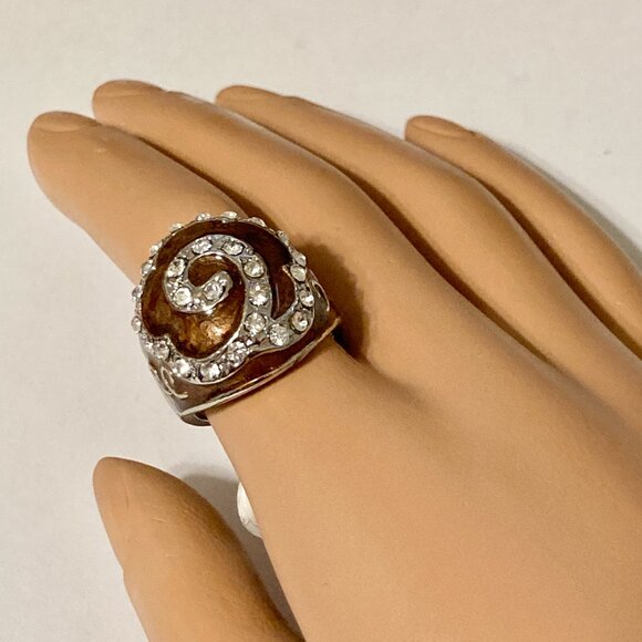 Vintage Brown Enamel Swirl Crystal Cocktail Ring Art Deco Silver Plated Size 8 - Picture 10 of 12